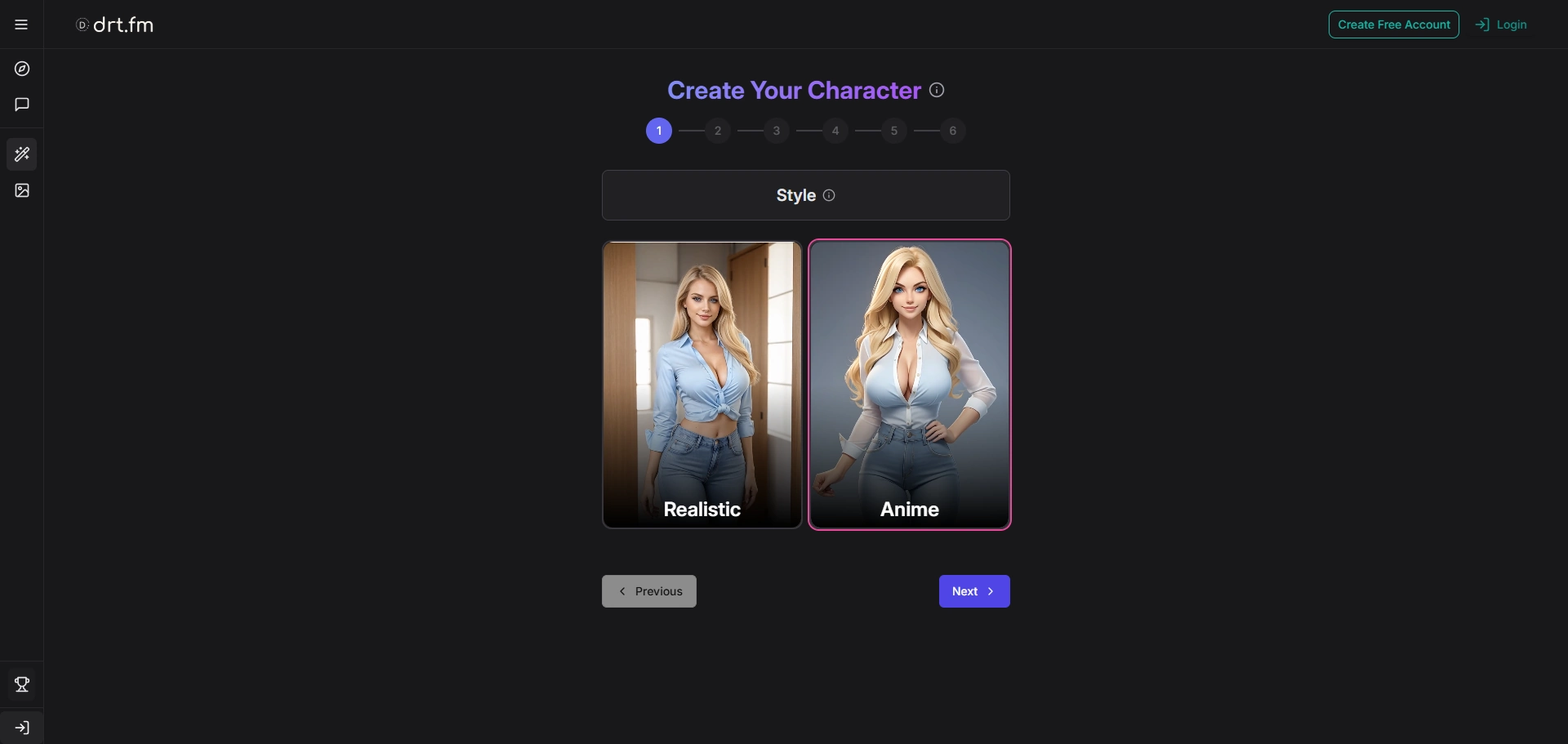 Drt.Fm Create Character page