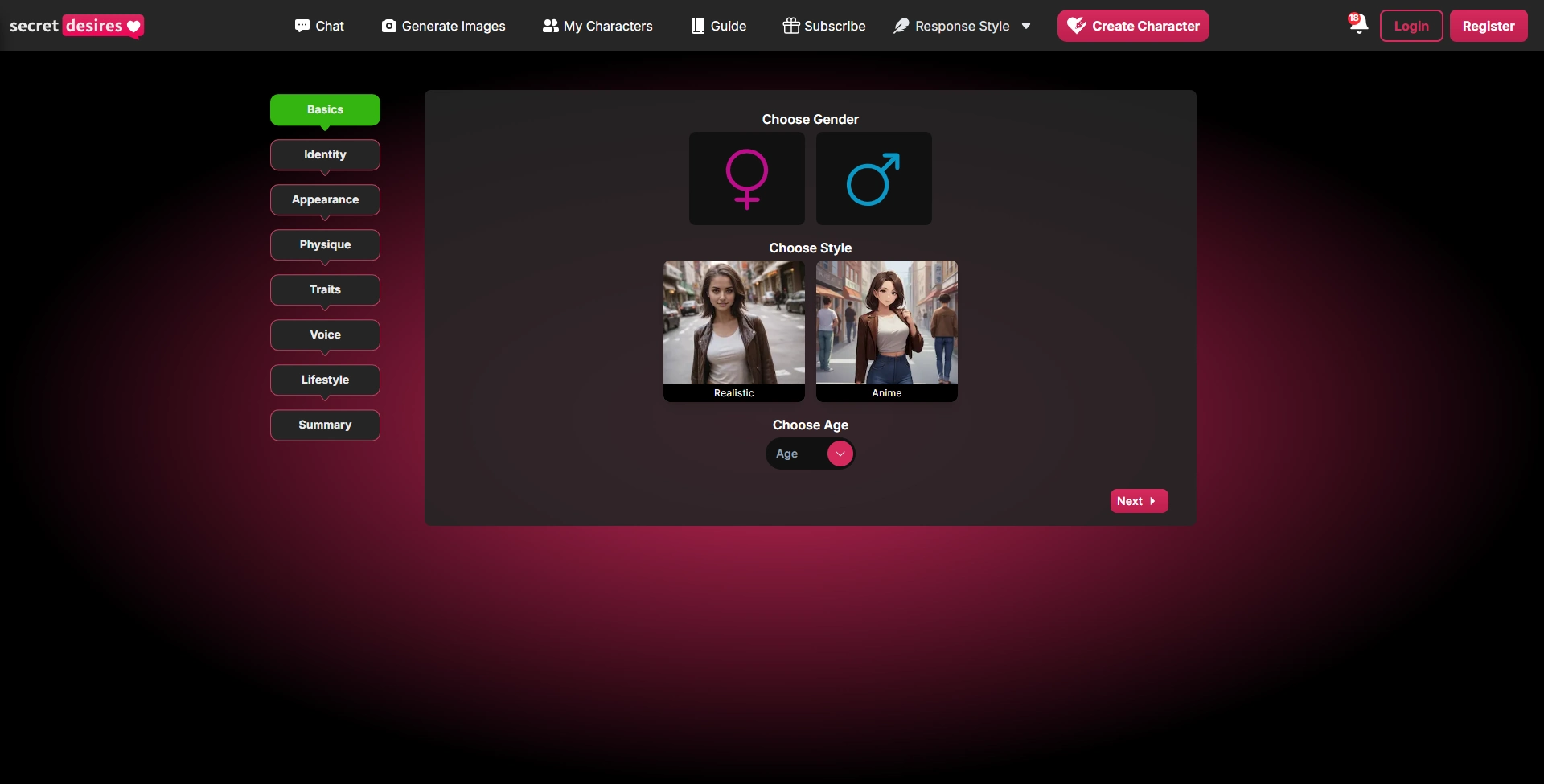 SecretDesiresAi Create character page