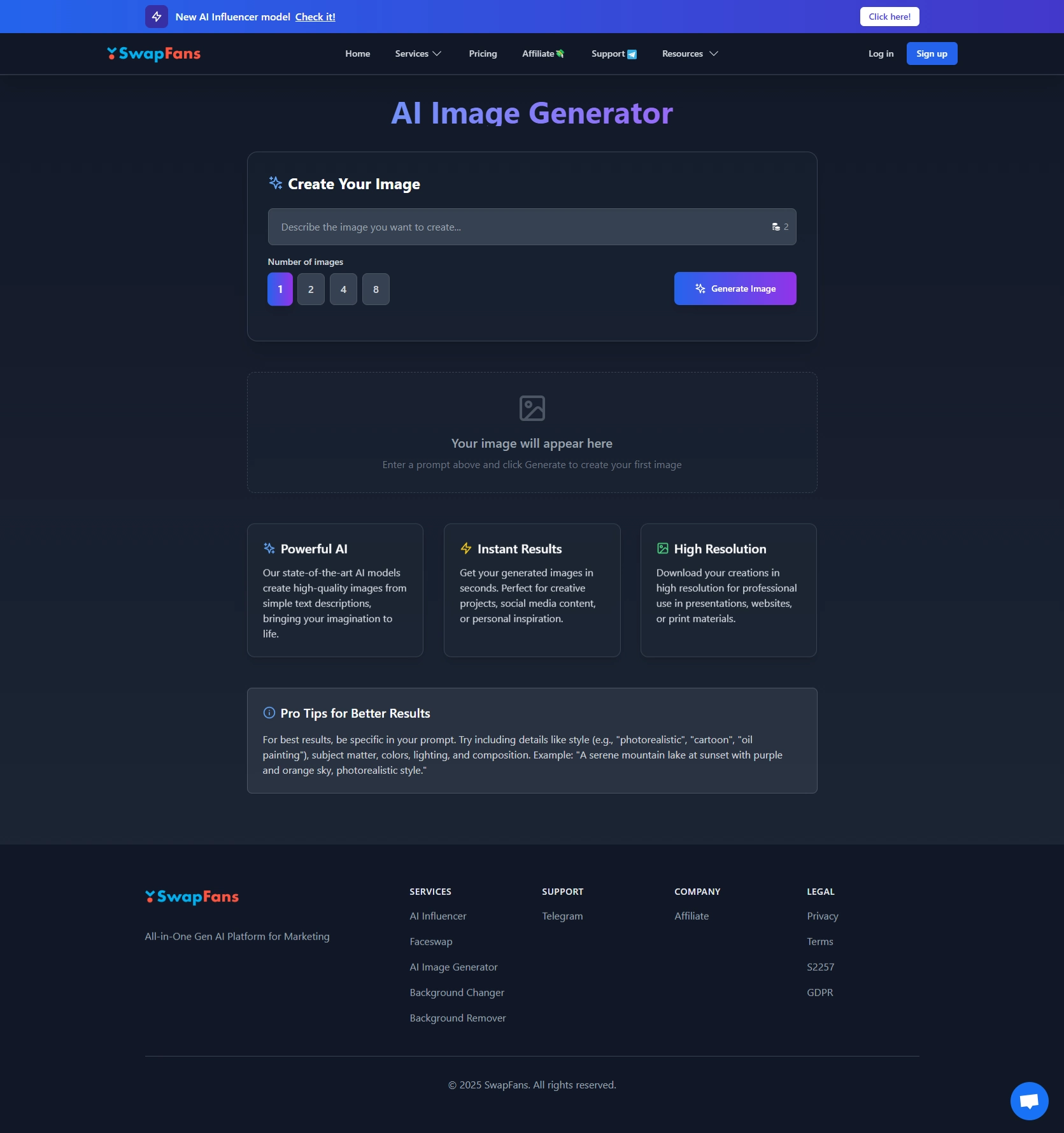 SwapFans.ai Image generation page